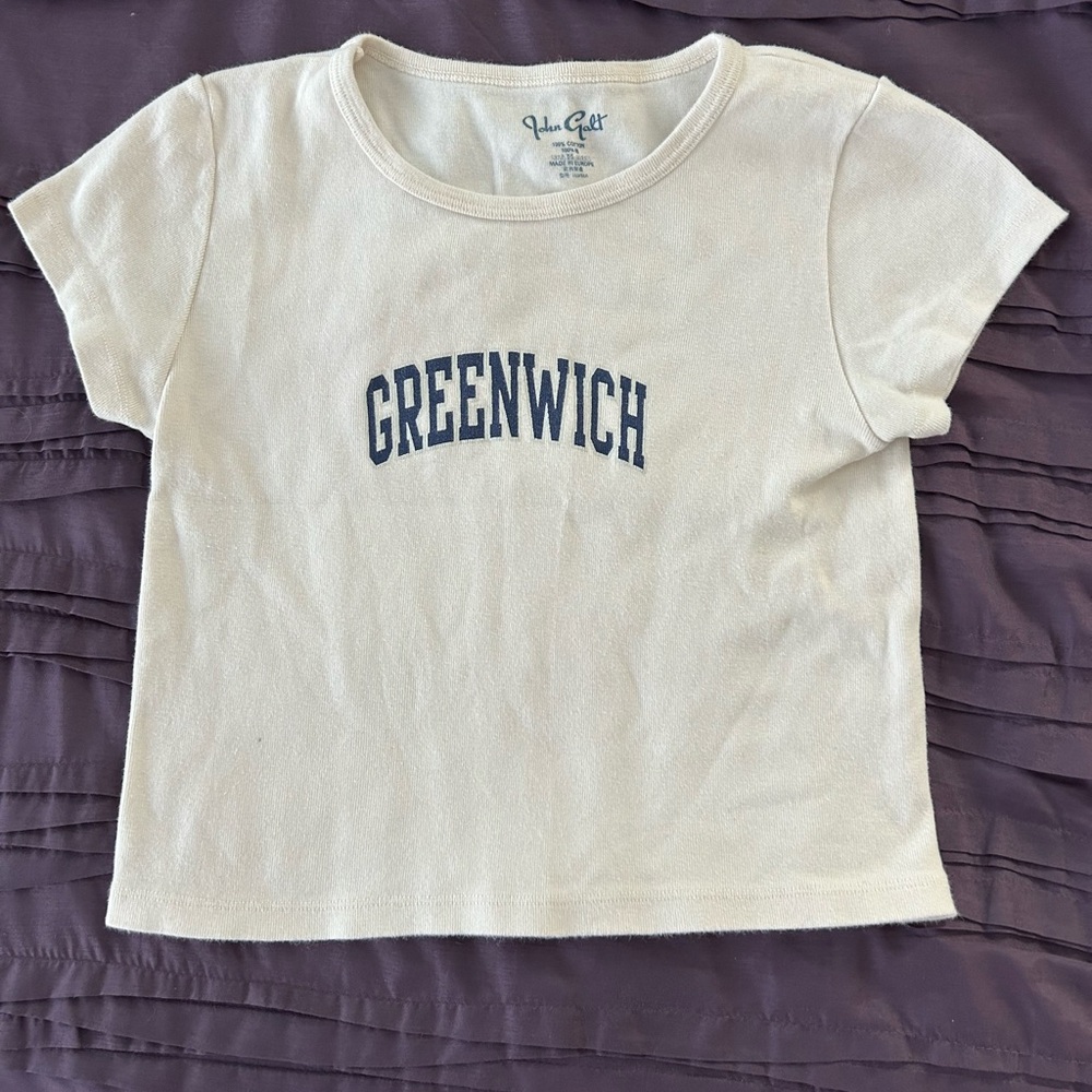 John Galt Brandy Melville Cream T-Shirt with Greenwich on it, one size